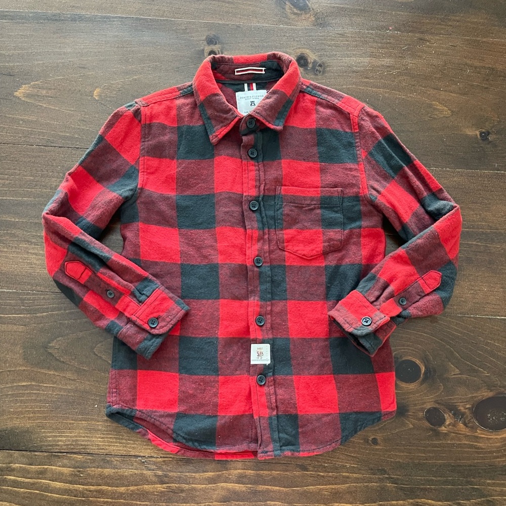 Boy’s Denim & Flower Plaid Button Up Flannel Shirt